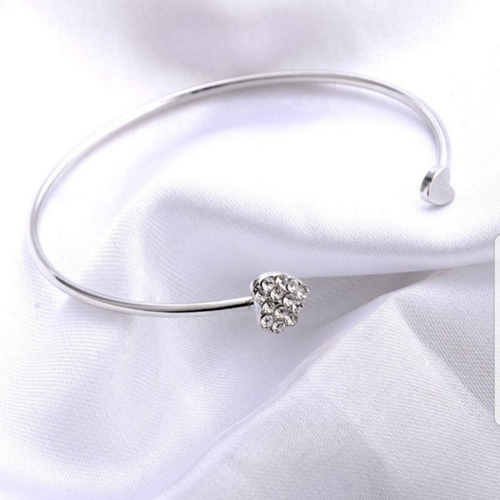 Silver Crystal Heart Open Bangle Bracelet